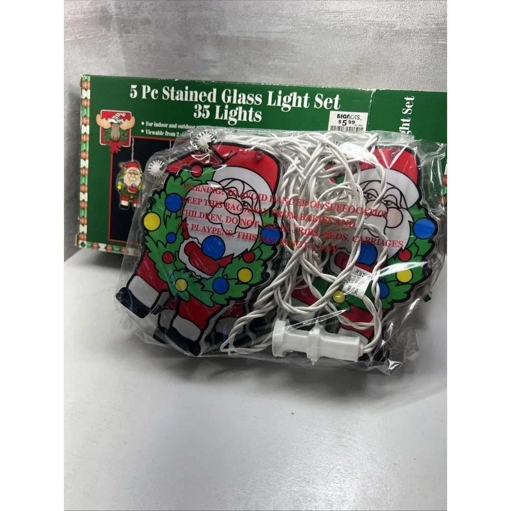 VTG 35 Light 5 PC Plastic Stained Glass Santa Light Set Indoor Outdoor NIB